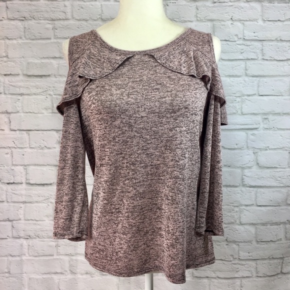 Women's pink heather cold shoulder ruffle knit top - Picture 2 of 6